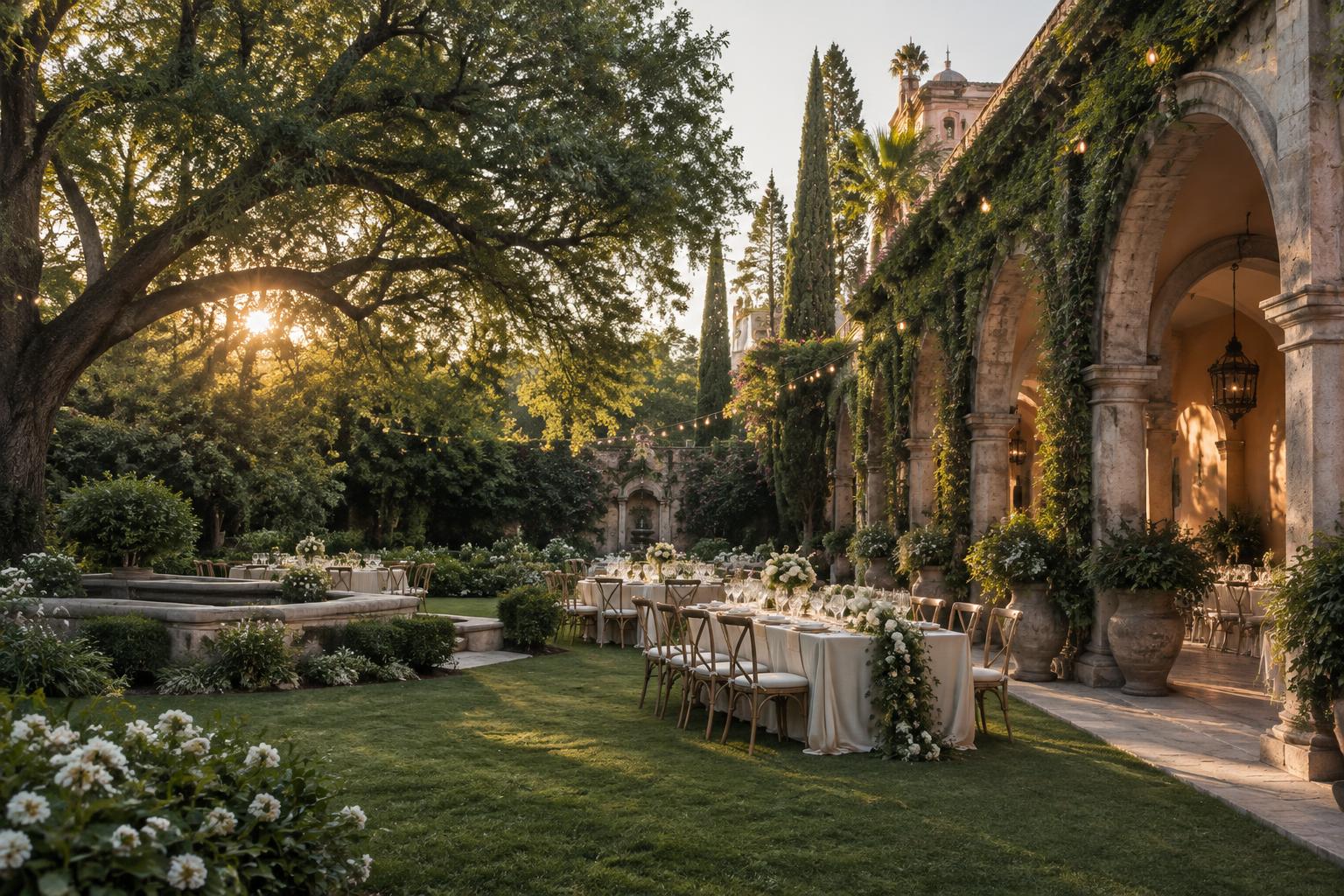 Jardín de una hacienda con mesas de boda, flores blancas y arcos de piedra